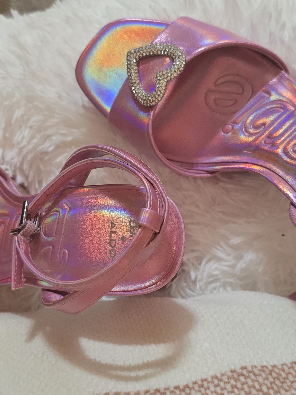 ALDO Kids' Pink Holographic Sandals with Heart Accent